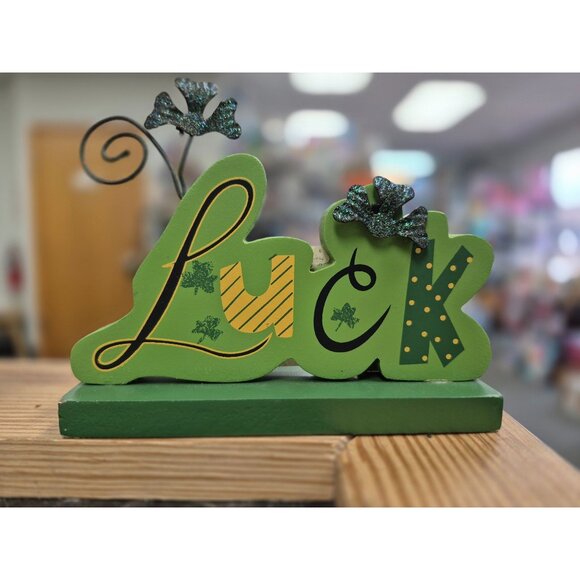 Lucky Green Wooden Tabletop Decoration With Glitter Accents & Shamrocks - Picture 1 of 4
